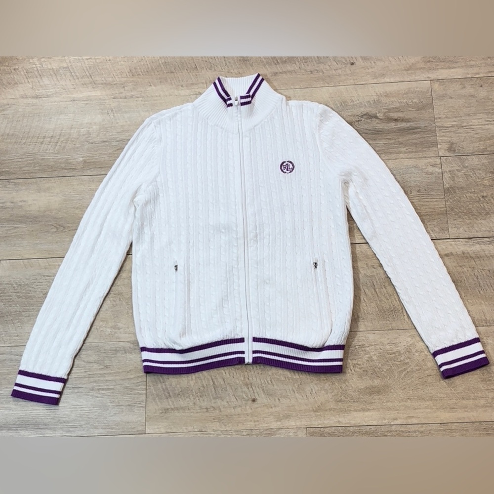 Lauren Ralph Lauren White Cable-Knit Zip Cardigan with Purple Stripe